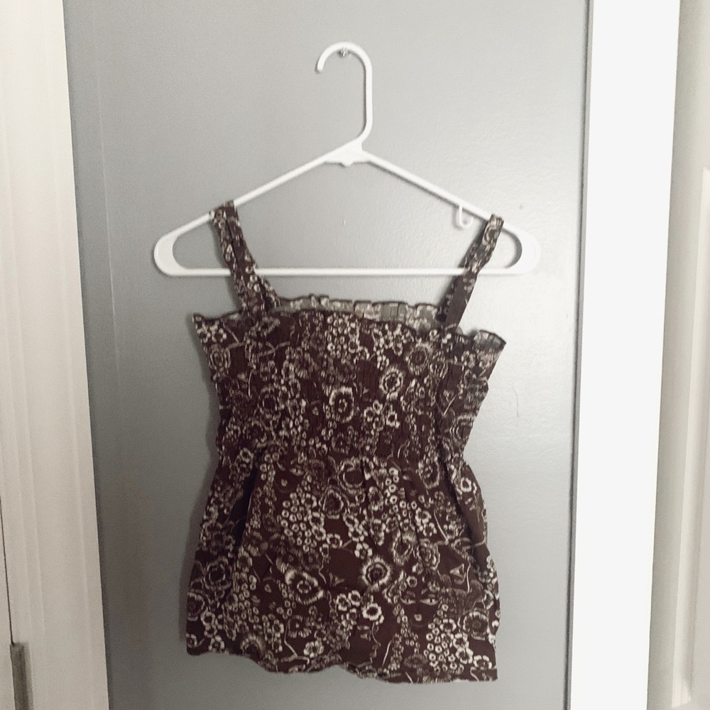 Brown and White Floral Smocked Draped Tank Top